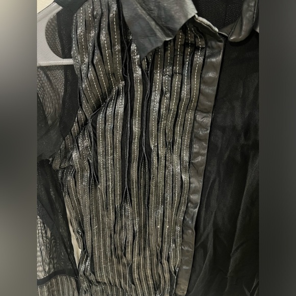Vintage Isabel Sheer Leather Trim Button Up Collared Glam Y2K Blouse Women’s XS - Picture 3 of 10